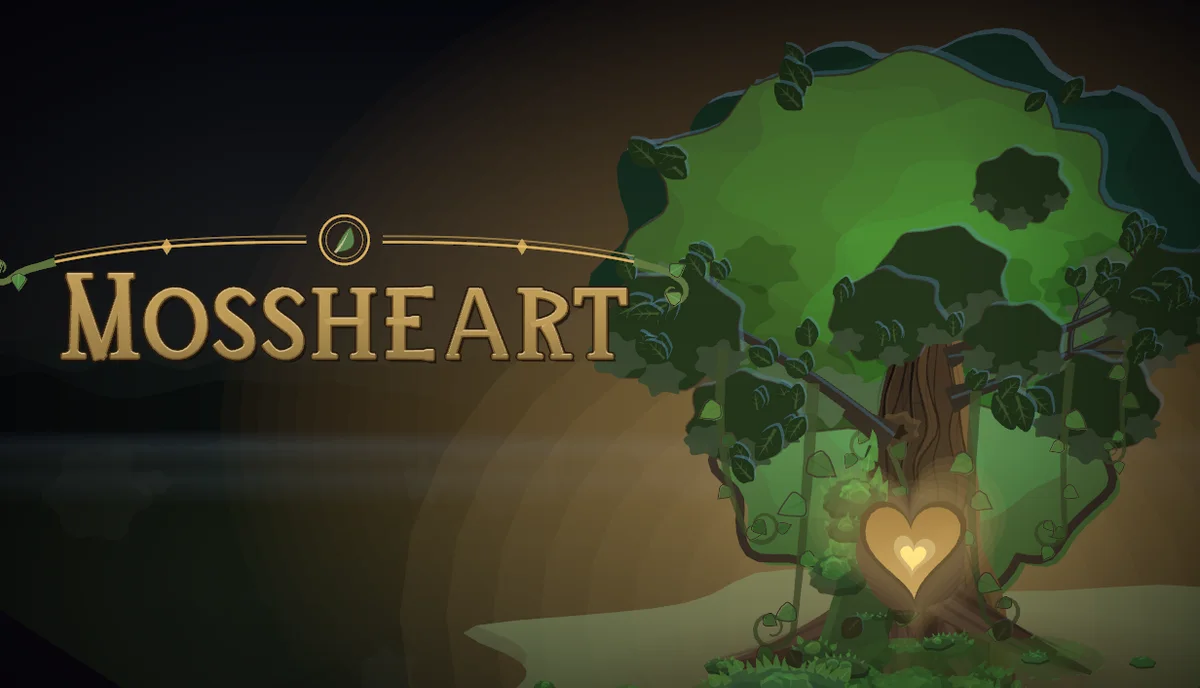 MOSSHEART key art: golden title next to the glowing heart tree