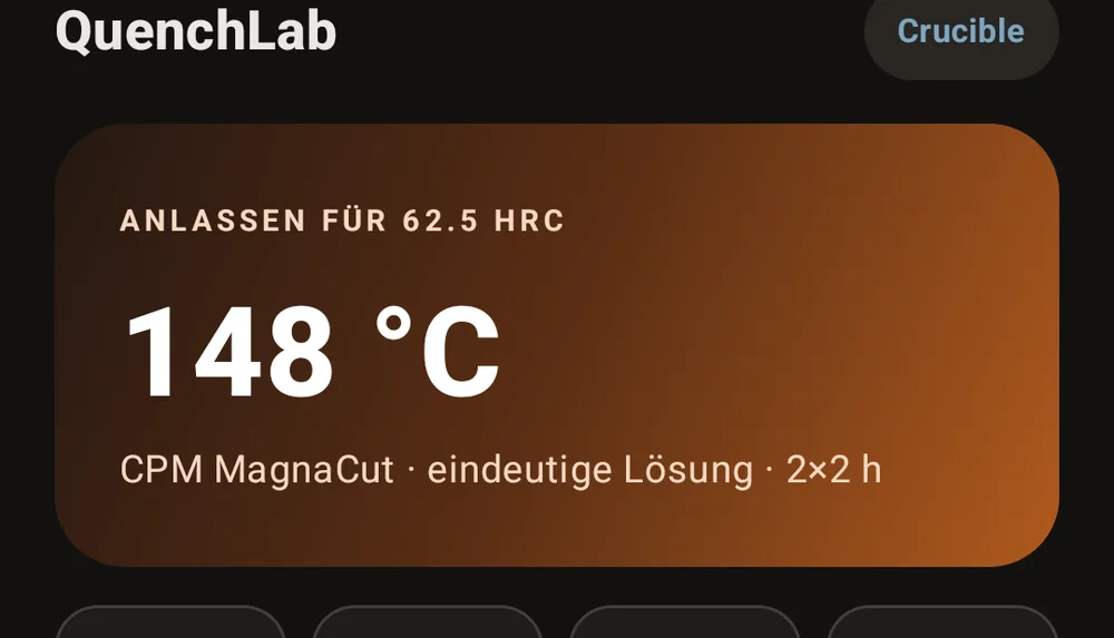 QuenchLab app: tempering result of 148 °C for CPM MagnaCut at a 62.5 HRC target